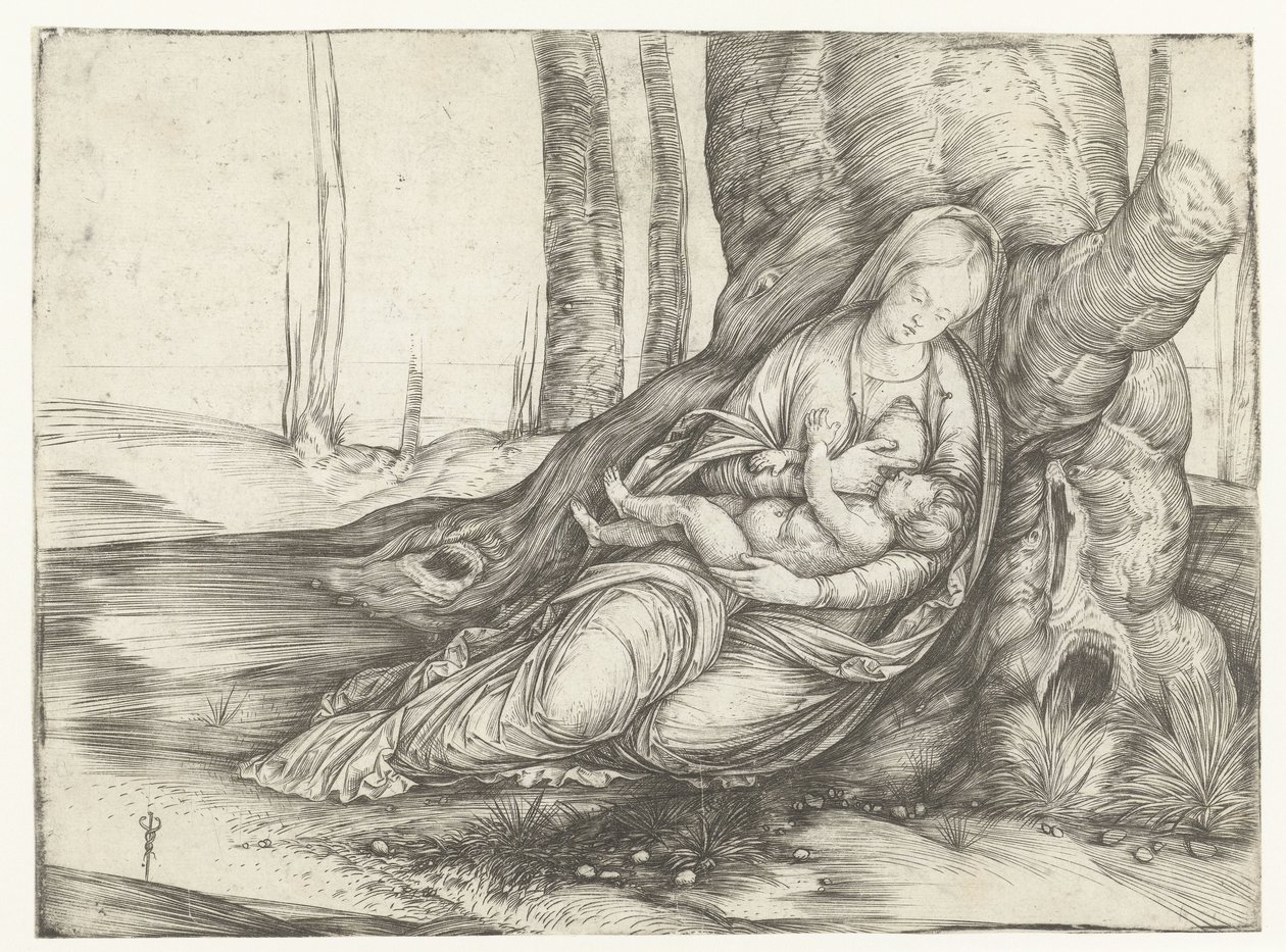 Mary med barn ved brystet sitter foran foten av et tre av Jacopo de