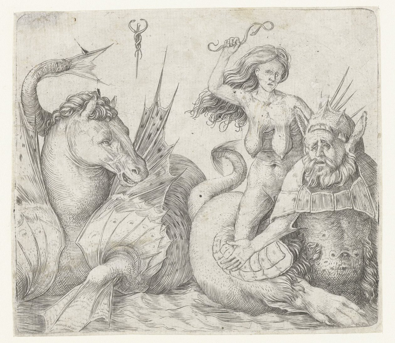 Gammel kvinne på baksiden av triton ved siden av hippocampus Fury på baksiden av triton av Jacopo de