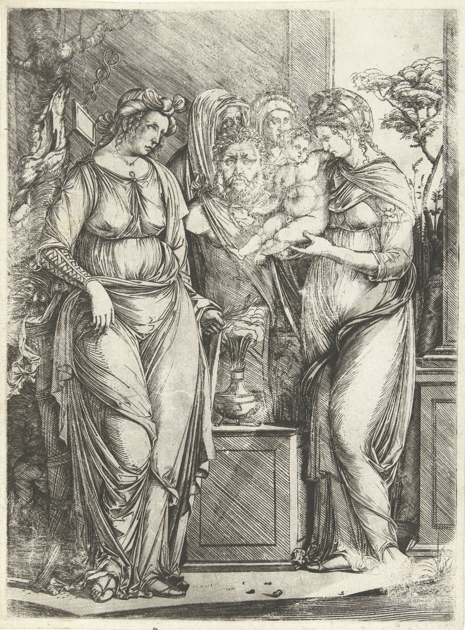 Fire kvinner ofrer gutt foran Priapus-statuen av Jacopo de