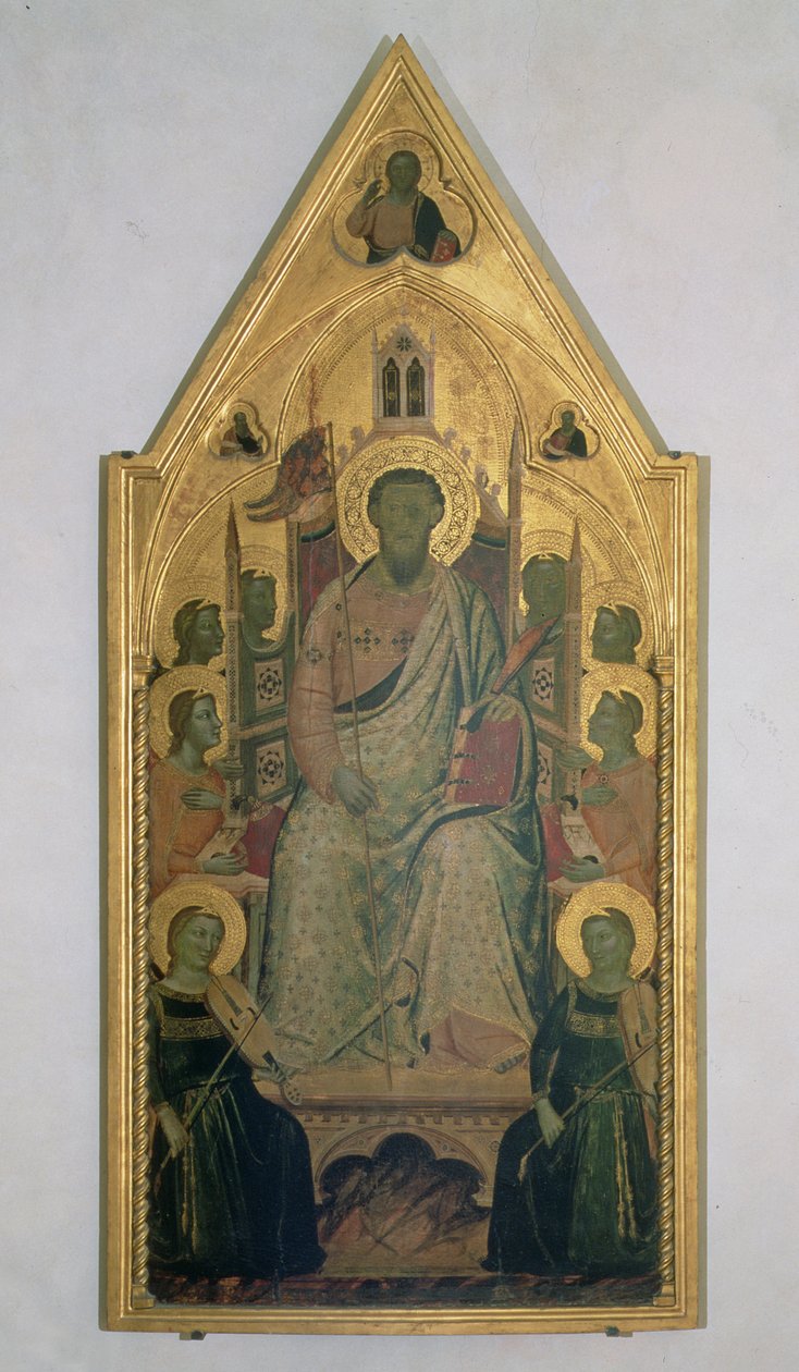 St. Bartholomew tronet med engler (tempera på panel) av Jacopo del Casentino