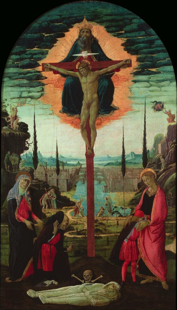 Altertavle: Treenigheten, Jomfruen, Johannes og givere, ca. 1480 av Jacopo del Sellaio