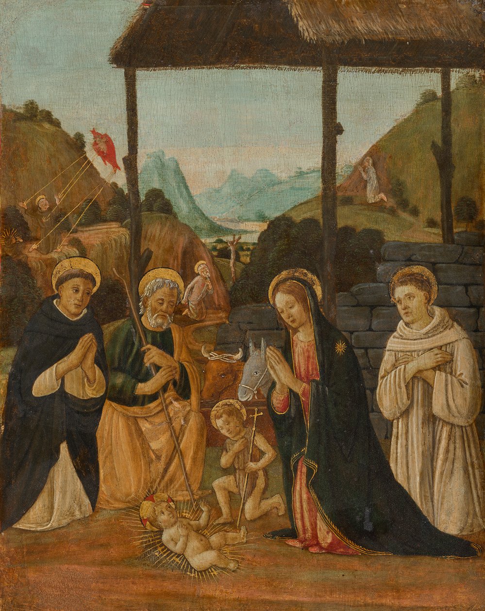 Anbetung des Kindes in Anwesenheit des Johannesknaben und der Heiligen Dominikus und Bernhard von Clairvaux av Jacopo del Sellaio