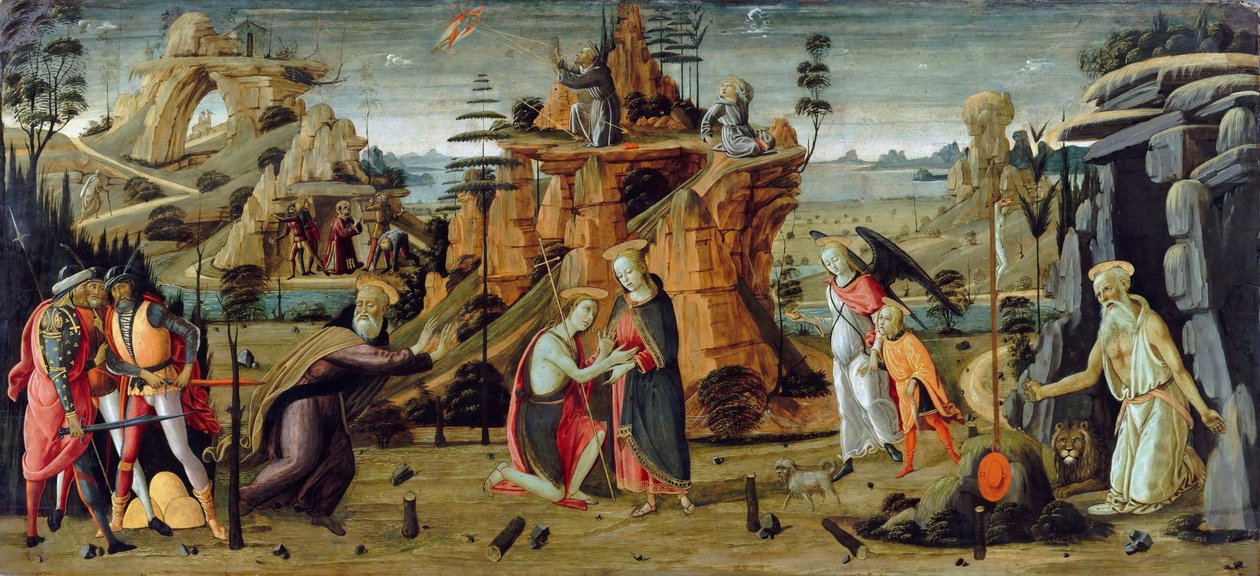 Landskap med bibelske scener og legender om helgenene av Jacopo del Sellaio