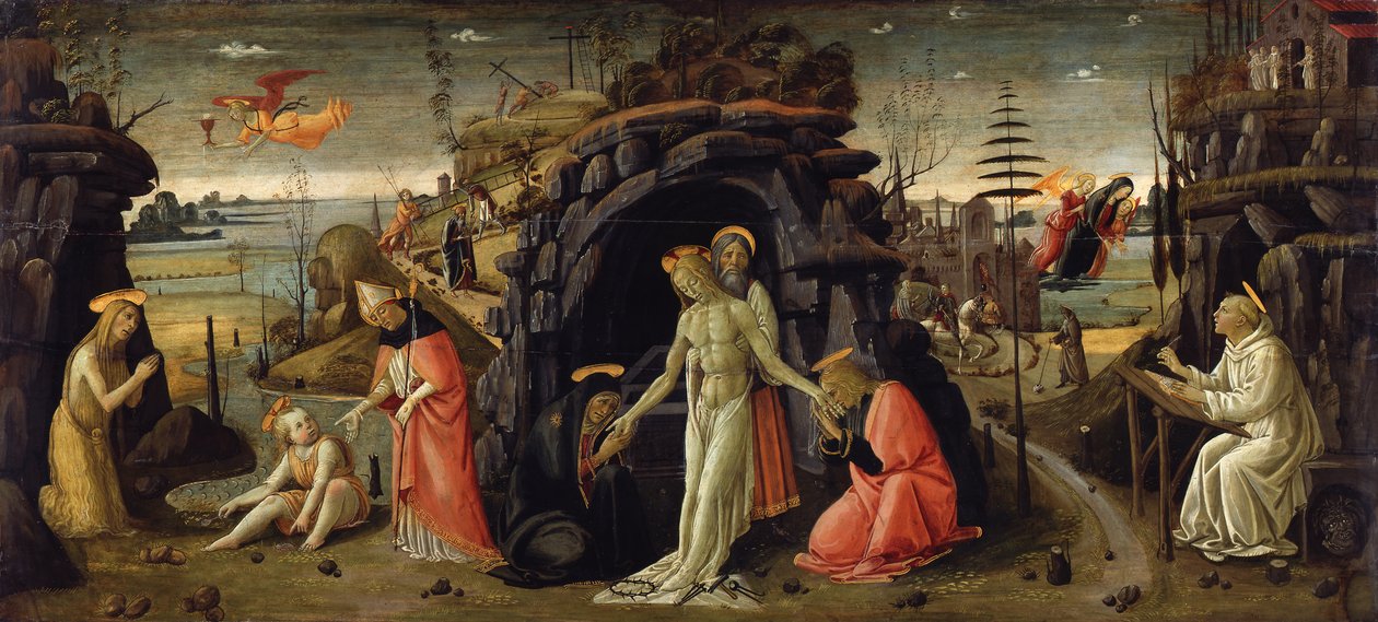 Landskap med bibelske scener og scener fra helgenlegender av Jacopo del Sellaio