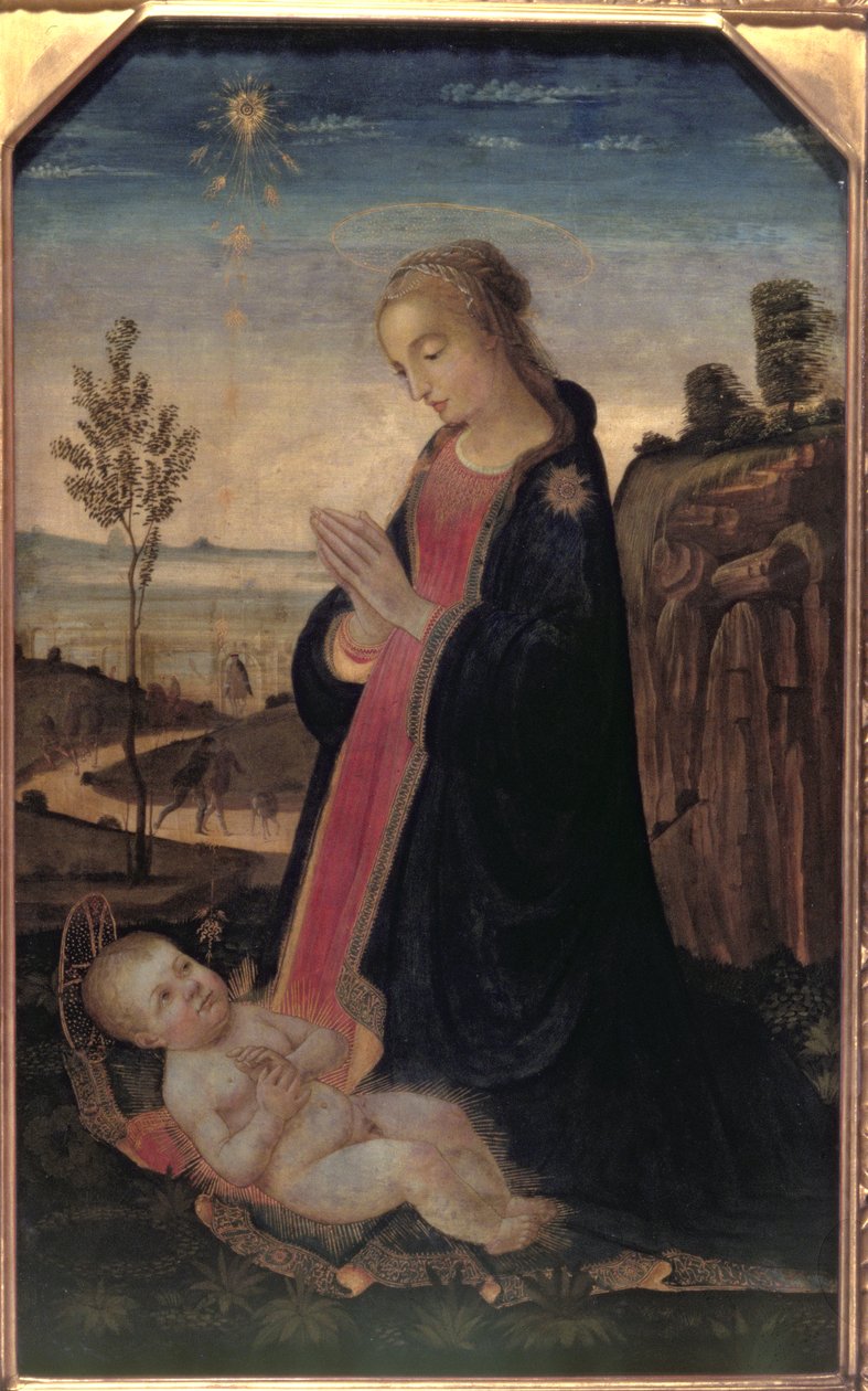 Madonna og barn i et landskap av Jacopo del Sellaio