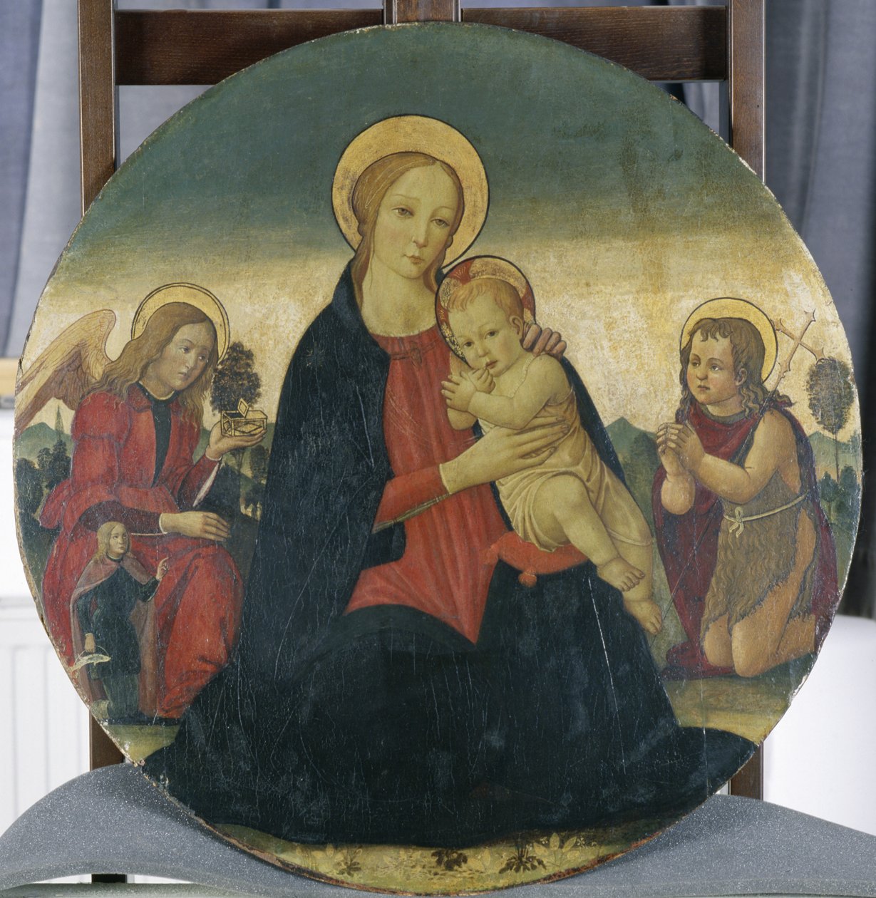 Madonna og barn med erkeengelen Raphael og St. John, ca. 1490 (tempera på poppeltre) av Jacopo del Sellaio