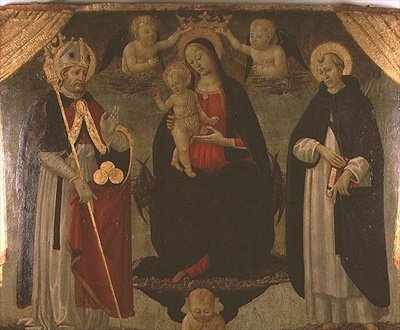 Madonna flankert av St. Nicholas og St. Peter Martyr (panel) av Jacopo del Sellaio