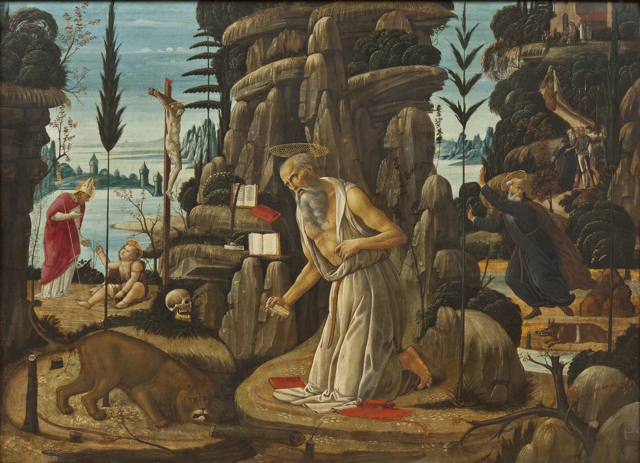 Saint Hieronymus botferdig - Den botferdige Saint Hieronymus, av Jacopo del Sellaio (1442-1493). Olje på tre. Mål: 66,5x91,5 cm. Nationalmuseum Stockholm av Jacopo del Sellaio