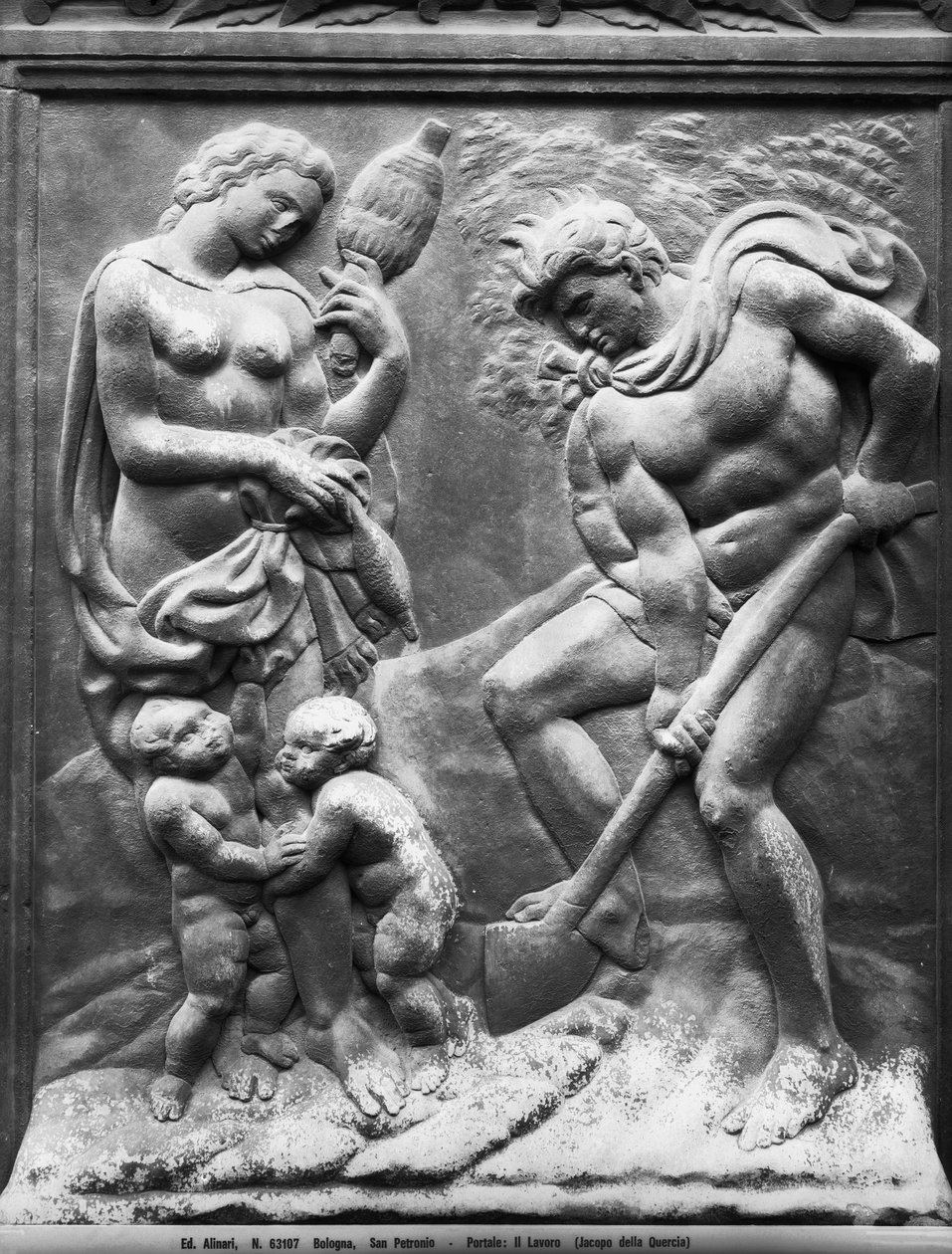 Adam og Eva tvunget til å jobbe, panel fra Porta Magna, ca. 1430 (marmor) av Jacopo della Quercia