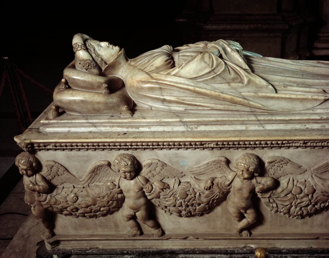 Ligger av Ilaria del Carretto (1379-1405), kone til Paolo Guinigi (1376-1432) italiensk politiker (Begravelsesmonument til Ilaria del Carretto, kone til Paolo Guinigi) Marmorskulptur av Jacopo della Quercia (1371 / 74-1438-) 14068 1407 Lucca (Lucca), kated av Jacopo della Quercia