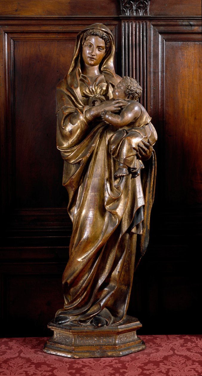 Jomfru og barn. Treskulptur av Jacopo della Quercia