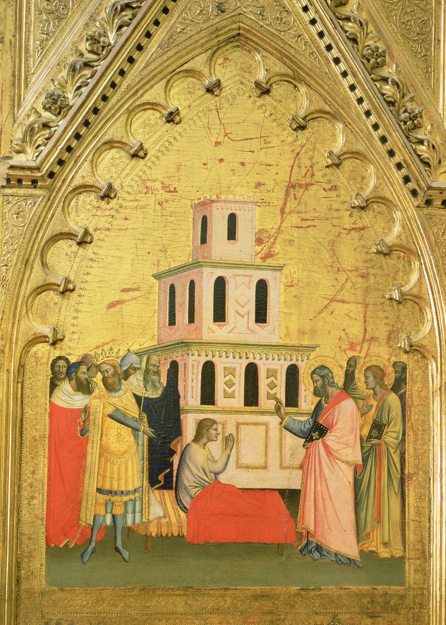 St. Matteus reiser en ung mann fra de døde, fra altertavlen til St. Matteus og scener fra hans liv, ca. 1367-70 (tempera på panel) av Jacopo di Cione