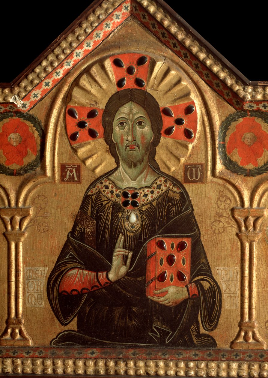 Polyptyk med forløser og helgener: Detalj av Jesus hvis aureol er merket med et kors - olje på panel 1271 av Jacopo di Meliore