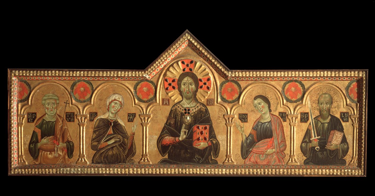 Polyptyk med forløser og helgener: Forløseren (Jesus med jomfruen, den hellige Peter, den hellige Johannes evangelisten og den hellige Paulus) - olje på panel av Jacopo di Meliore