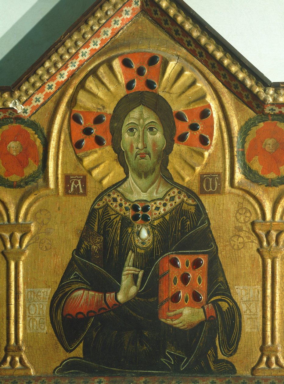 Redeemer, detalj fra Redeemer with Madonna and three Saints, av Meliore Toscano eller Meliore di Jacopo (ca. 1255-1285), tempera og gull på panel, 85x210 cm av Jacopo di Meliore