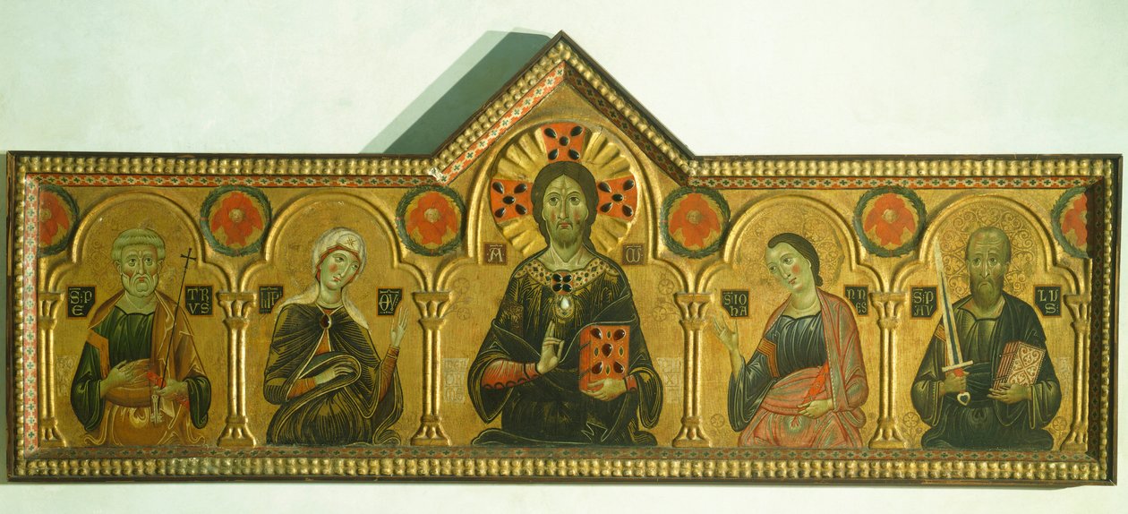 Forløseren med Madonna og tre hellige, av Meliore Toscano eller Meliore di Jacopo (ca 1255-1285), tempera og gull på panel, 85x210 cm, detalj av Jacopo di Meliore