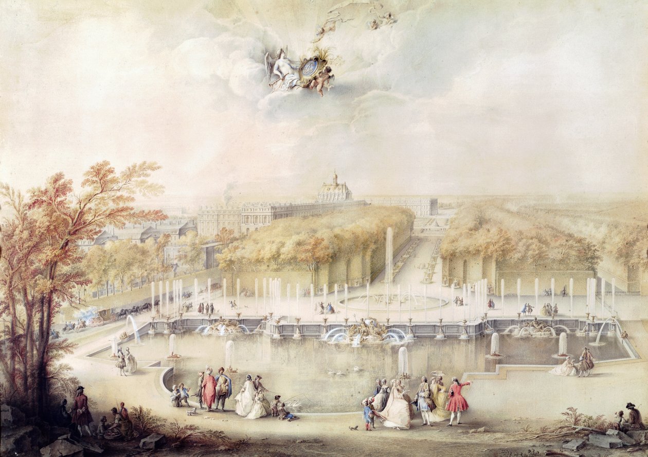 Utsikt over hagen og slottet i Versailles fra Neptunfontenen (gouache) av Jacqes Andre Portail