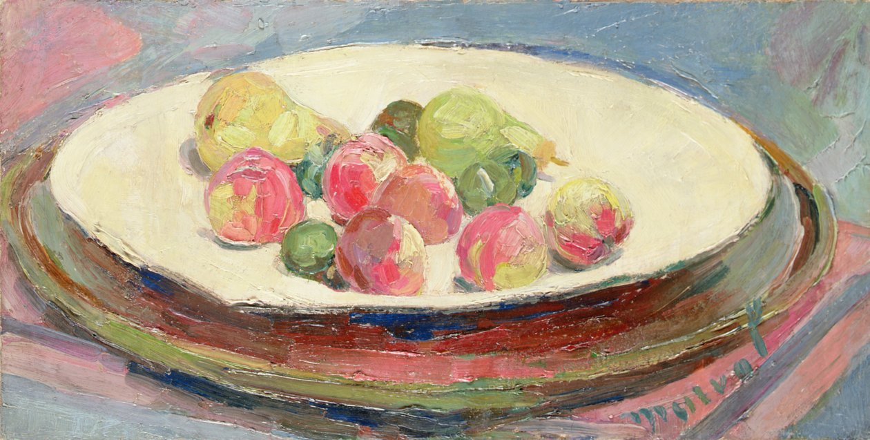Stilleben med fersken og pærer (olje på lerret) av Jacqueline Marval