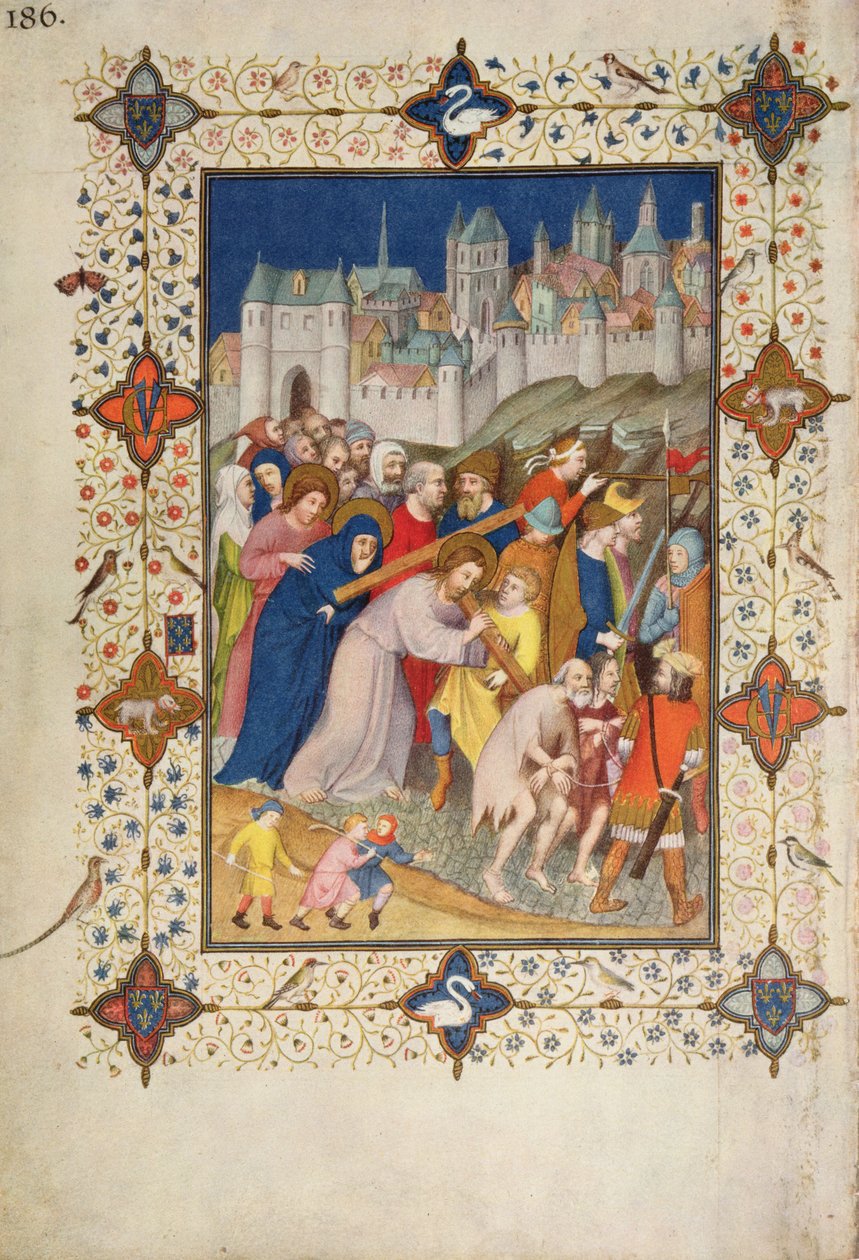 MS 11060-11061 Hours of the Cross: Sexte, Kristus som bærer korset, fra 'Tres Riches Heures du Duc de Berry' av Jacquemart de Hesdin