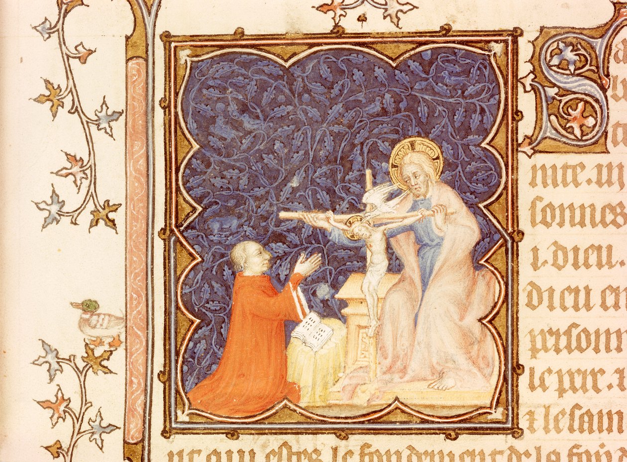 Ms Lat 18014 Jean de France (1340-1416) Hertug av Berry ber foran den korsfestede Jesus, fra Les Petites Heures de Duc de Berry, ca. 1385-90 av Jacquemart de Hesdin