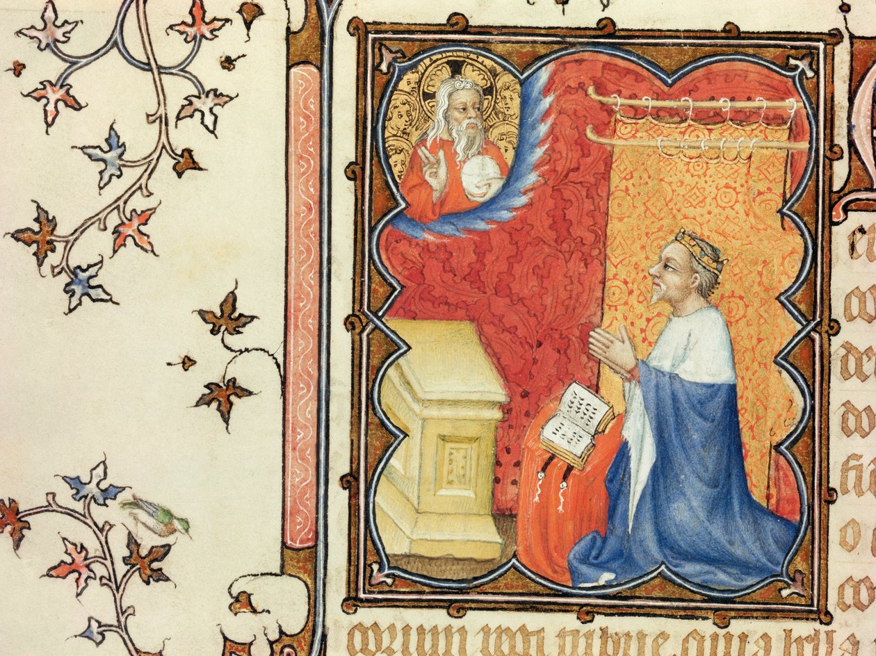Ms Lat 18014 Jean de France (1340-1416) hertug av Berry ber foran den evige far, fra Les Petites Heures de Duc de Berry, ca. 1385-90 av Jacquemart de Hesdin