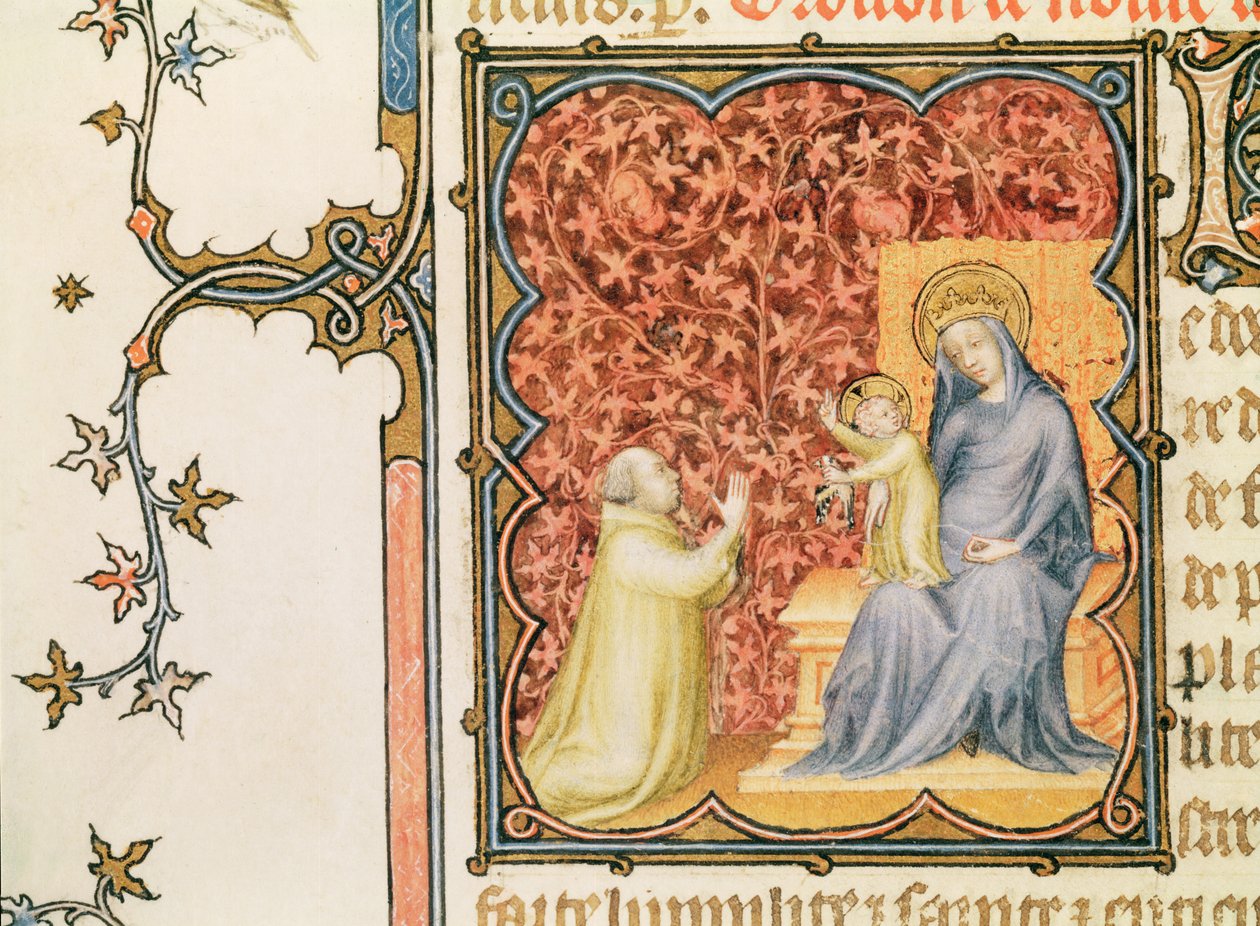 Ms Lat 18014 Jean de France (1340-1416) Hertugen av Berry ber foran jomfruen og barnet, fra Les Petites Heures de Duc de Berry, ca. 1385-90 av Jacquemart de Hesdin