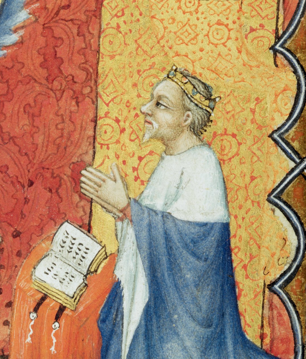 Ms Lat 18014 Jean de France 1340-1416 Hertugen av Berry ber foran den evige far, fra Les Petites Heures de Duc de Berry, ca. 1385-90 vellumdetalj av 159990 av Jacquemart de Hesdin