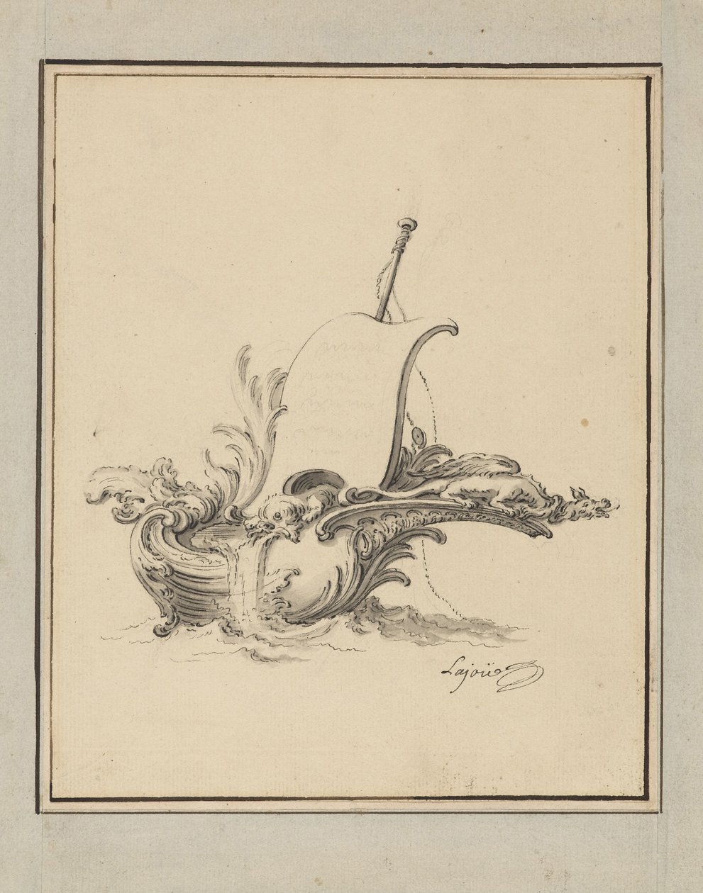 Design for en eske i form av båt med seil, for Recueil Nouveau de Differens Cartouches av Jacques de Lajoüe