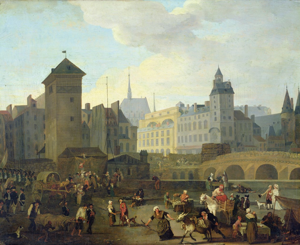 Quai de Gesvres, Palais og Notre Dame-pumpen, ca. 1791 av Jacques Albert Senave