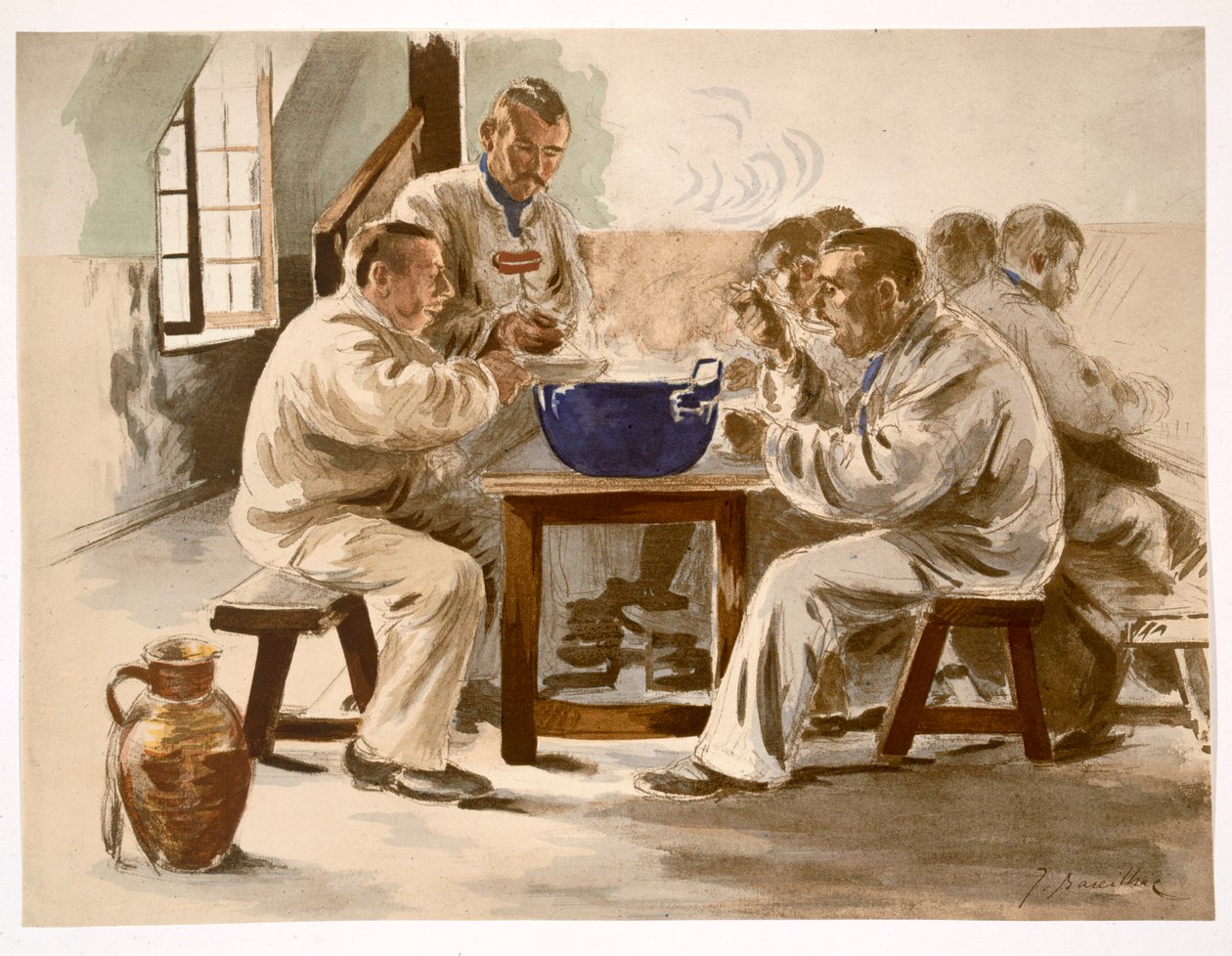 Eating Suppe at the Barracks, fra LEstampe Moderne, utgitt Paris 1897-99 av Jacques Baseilhac