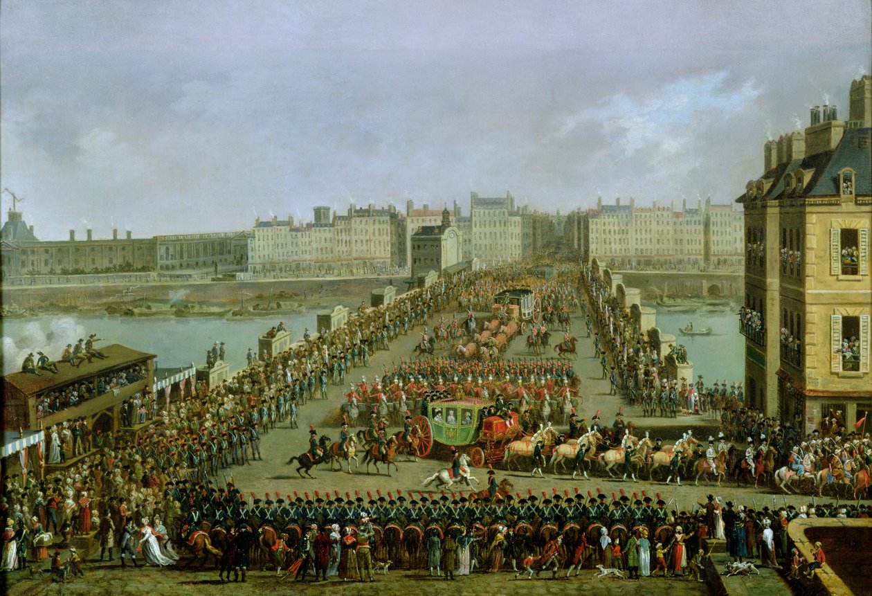 Den keiserlige prosesjonen vender tilbake til Notre Dame for den hellige seremonien 2. desember 1804, krysser Pont-Neuf av Jacques Bertaux