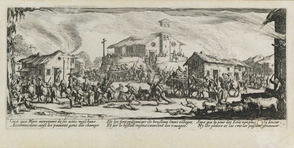 Plyndring og brenning av en landsby Les miseres et les mal-heures de la guerre, pl. 7 av Jacques Callot