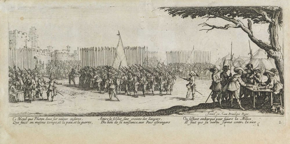 Rekruttering av troppen Les miseres et les mal-heures de la guerre, pl. 2 av Jacques Callot