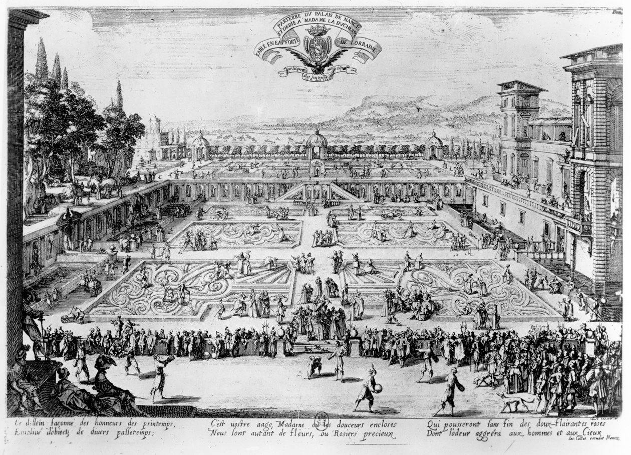 Hagen ved Palais de Nancy, dedikert til hertuginnen av Lorraine, 1624 av Jacques Callot