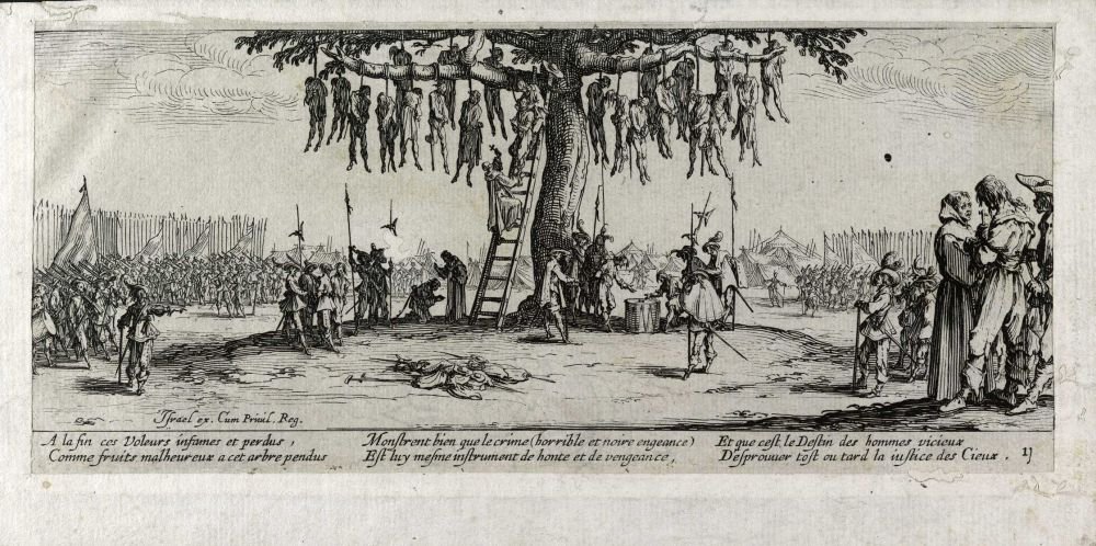 Torturen til galgen Les miseres et les mal-heures de la guerre, pl. 11 av Jacques Callot