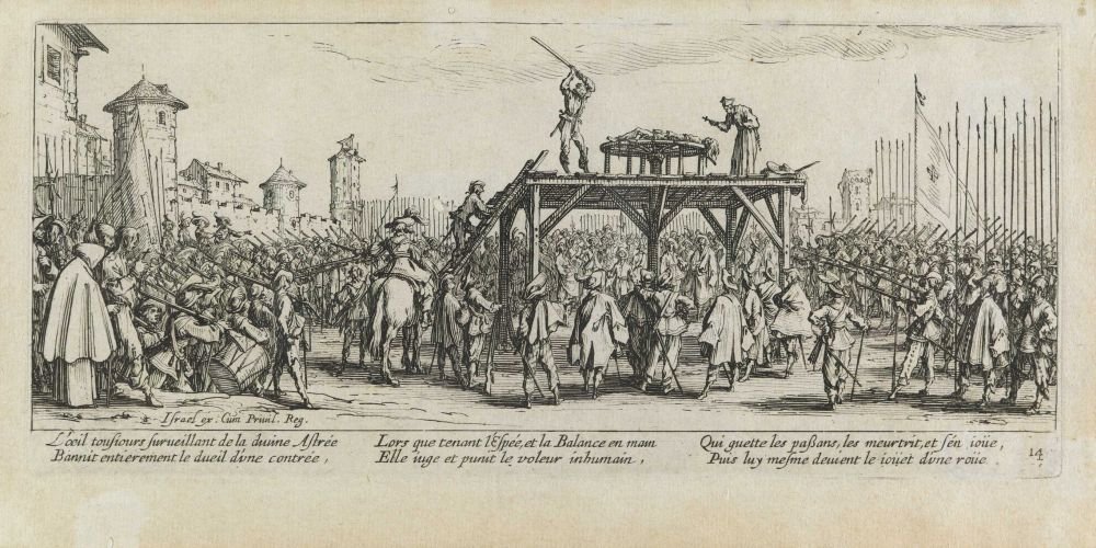 Tortur på hjulet Les miseres et les mal-heures de la guerre, pl. 14 av Jacques Callot