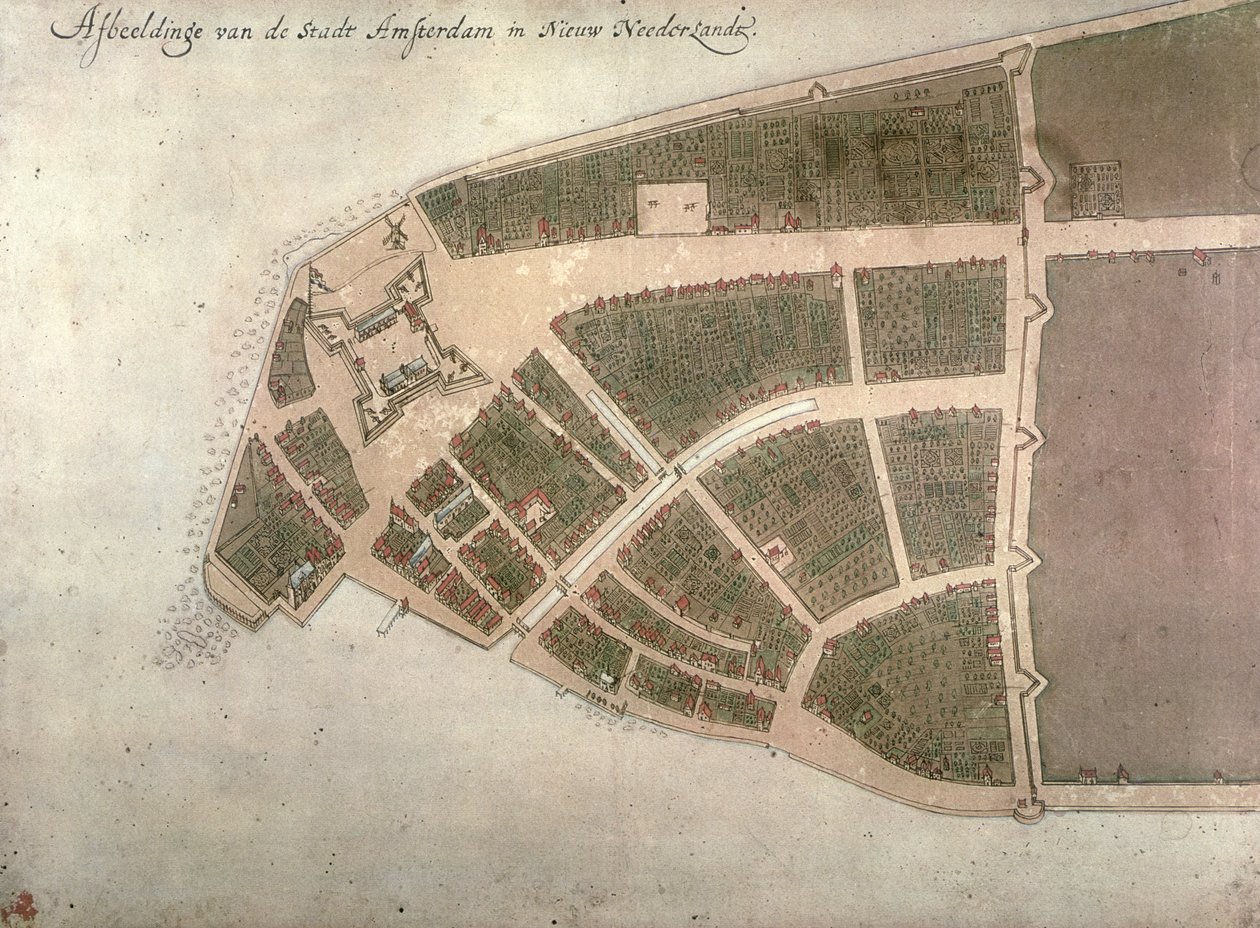 Utsikt over New Amsterdam, Costello Plan, 1660 av Jacques Cortelyou