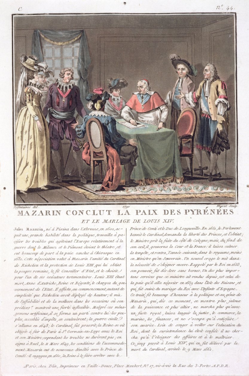 Kardinal Mazarin (1602-61) avslutter freden i Pyreneene, 1659, gravert av Jean Baptiste Morret (fl.1790-1820), 1790 av Jacques Francois Joseph Swebach