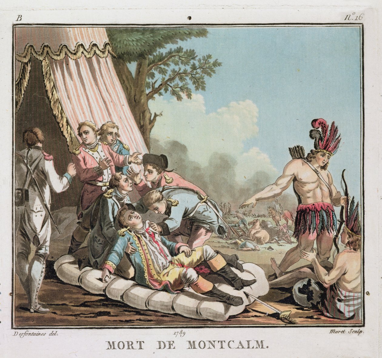 Louis Joseph de Montcalms død ved beleiringen av Quebec, 1759, gravert av Jean Baptiste Morret (fl.1790-1820), 1789 (farget litho) (se også 139883) av Jacques Francois Joseph Swebach