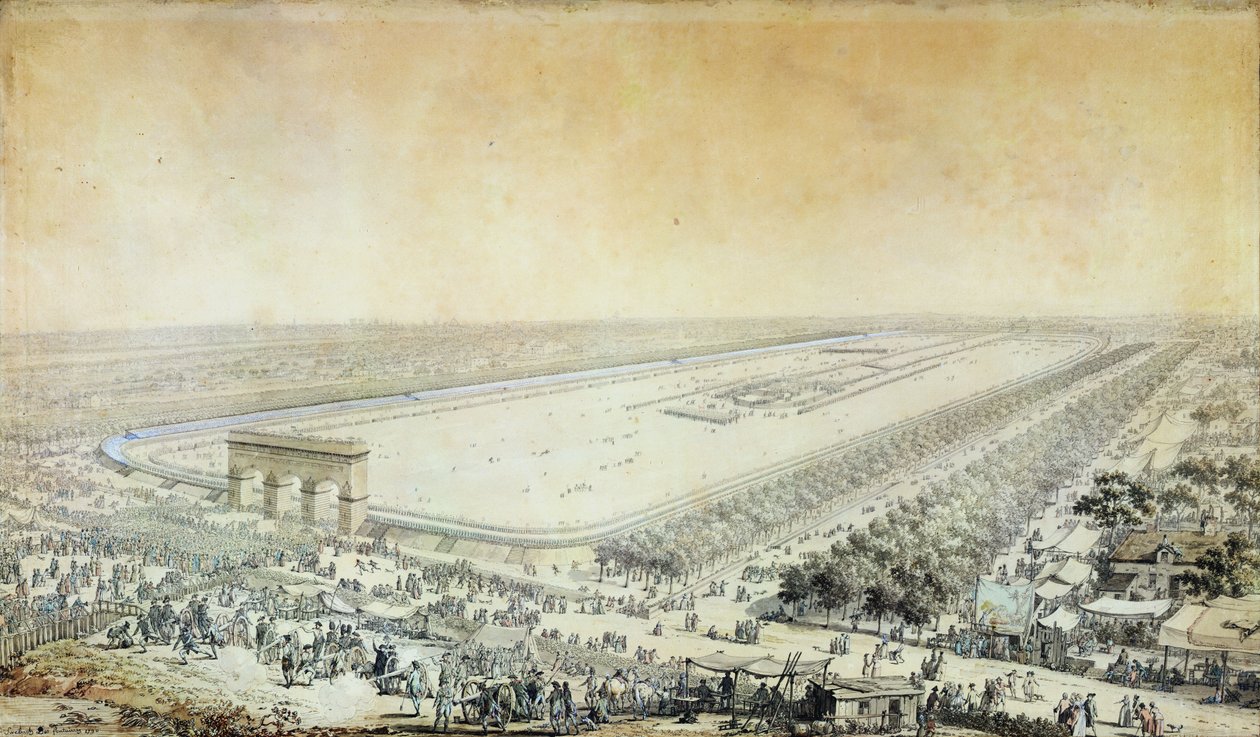 Generell utsikt over Champ-de-Mars under Fete de la Federation, 14. juli 1790 (penn og blekk og wc på papir) av Jacques Francois Joseph Swebach