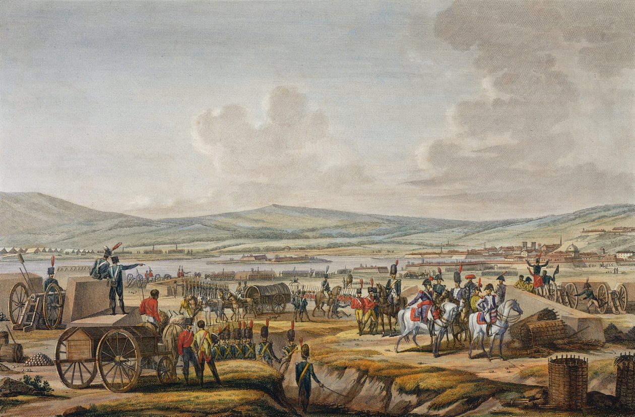 Napoleon besøker beleiringsverket i Danzig ledet av marskalk Le Febvre, 9. mai 1807, gravert av Francois Jacques Dequevauviller (1783-1848) (akvatint) av Jacques Francois Joseph Swebach