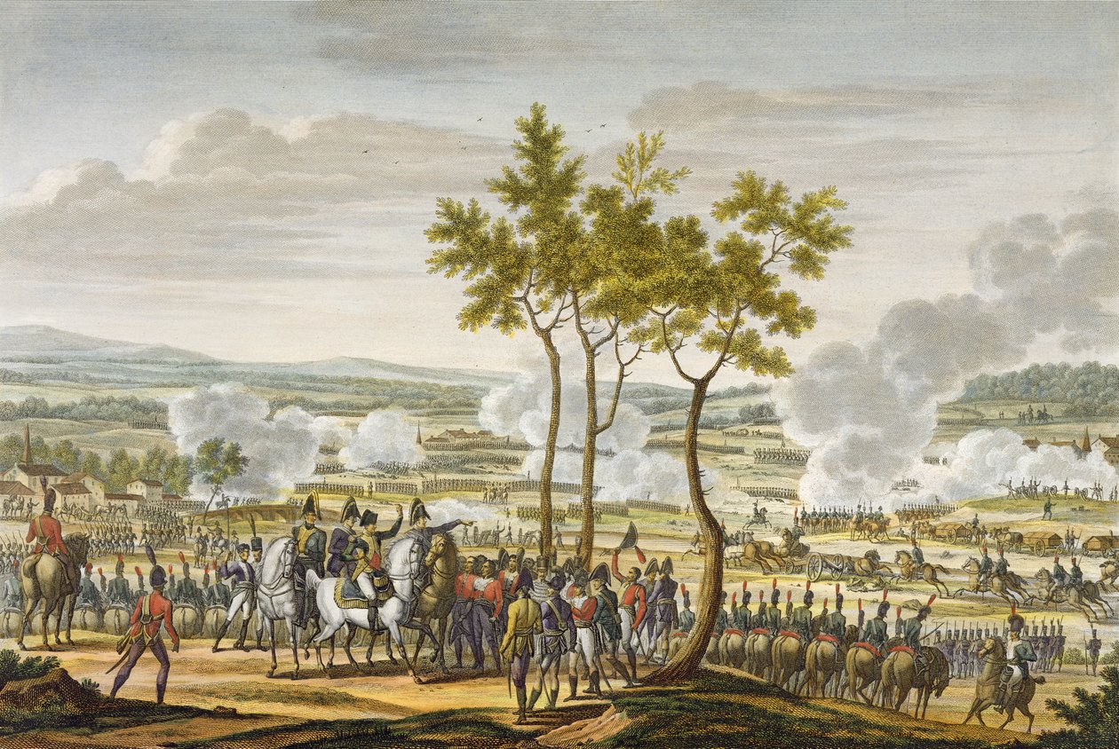 Slaget ved Abensberg, 20. april 1809, gravert av Edme Bovinet (1767-1832) (akvatint) av Jacques Francois Joseph Swebach