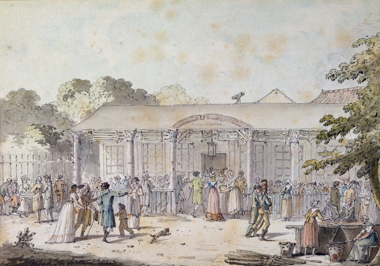 Cafe Goddet, Boulevard du Temple, på konsulatets tid, 1799-1804 (penn og blekk og wc på papir) av Jacques Francois Joseph Swebach