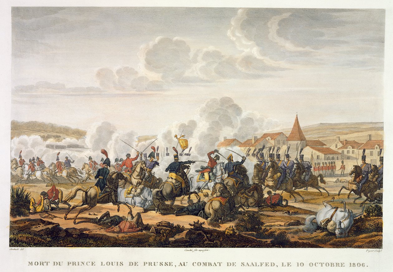 Prins Ludwig av Preussens død i slaget ved Saalfed, 10. oktober 1806, gravert av Louis Francois Couche (1782-1849) (akvatint) av Jacques Francois Joseph Swebach