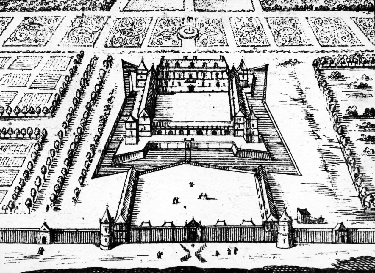 Utsikt over den kongelige jakthytta i Versailles slik den var på slutten av 1620- og 1630-tallet, bygget for kong Ludvig XIII, 1652 av Jacques Gomboust