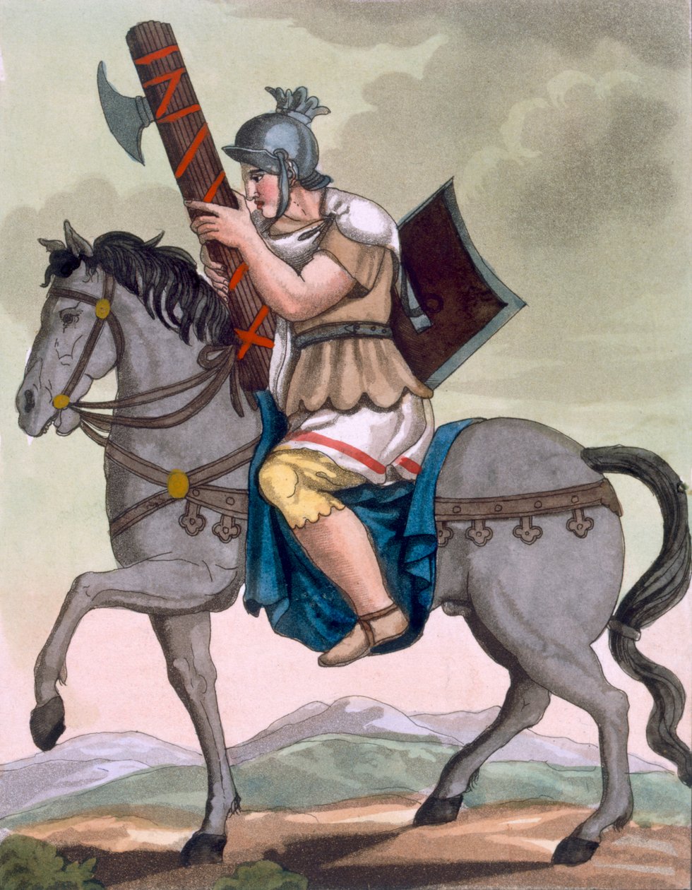 En militær lictor av kavaleriet, bærer av fasces, illustrasjon fra 'L'Antique Rome', gravert av Labrousse, utgitt 1796 av Jacques Grasset de Saint Sauveur