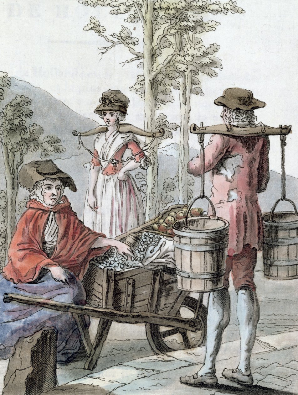 Engelske bønder som selger frukt og bærer melk, illustrasjon fra 'Encyclopedie des Voyages', gravert av Labrousse, 1796 av Jacques Grasset de Saint-Sauveur