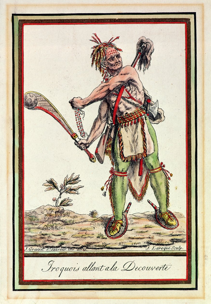 Iroquois legger ut på en ekspedisjon, gravert av J. Laroque av Jacques Grasset de Saint Sauveur