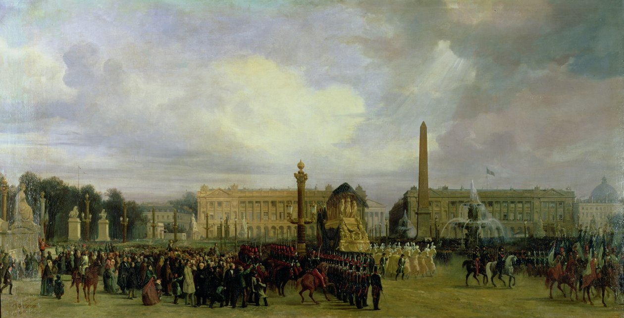 Seremonien for tilbakeføringen av Napoleons aske i 1840: Kortegen entrer Place de la Concorde, etter 1840 av Jacques Guiaud