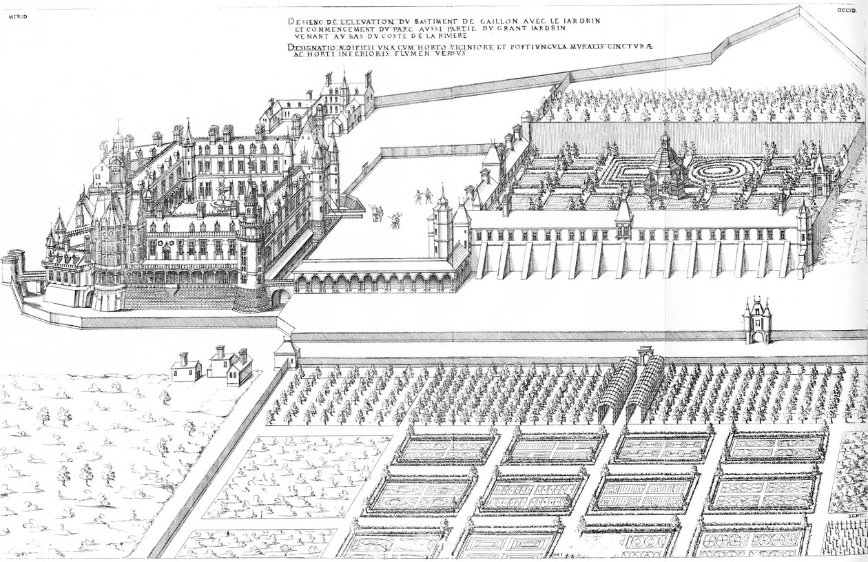 Gravering fra Det første bindet av de mest utmerkede Bastiments de France av Jacques I Androuet du Cerceau. Generelt lateralt fugleperspektiv av Château de Gaillon av Jacques I Androuet du Cerceau